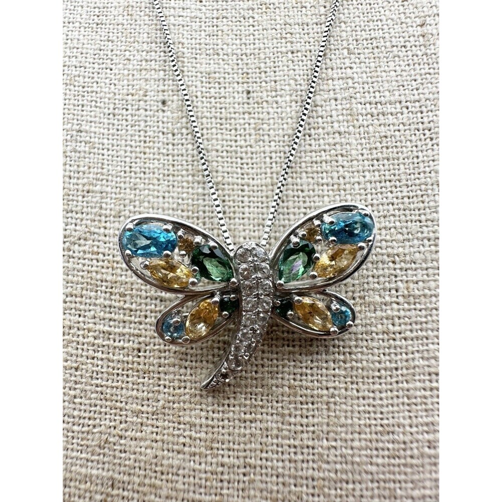 Designer Sterling Silver Blue Topaz Citrine Gemstone Butterfly Pendant Necklace